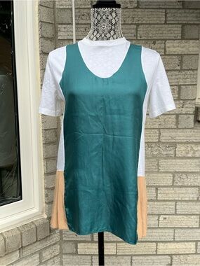 Prada White Cotton & Silk Green/Tan Pleated Contrast Panel Tee